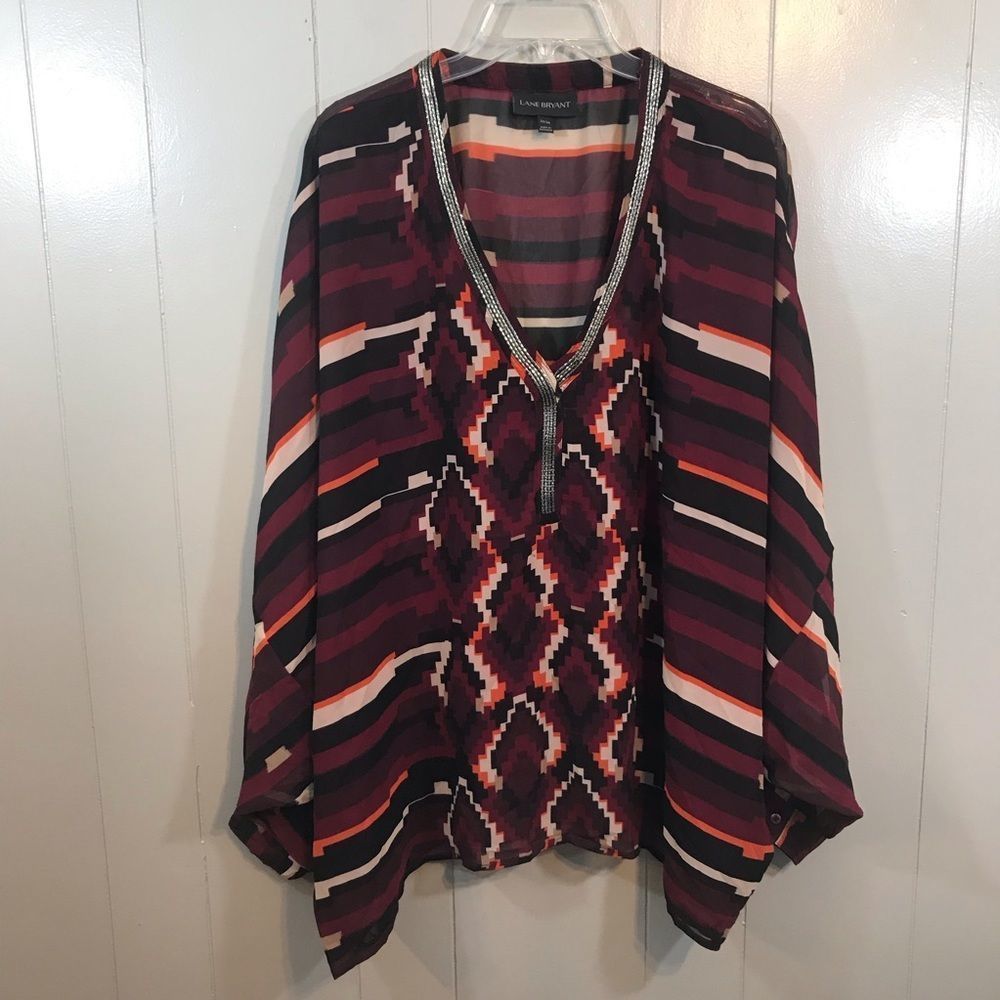 Lane Bryant Burgundy Multi Plus Southwest Dolman Long Sleeve Beaded Top 22/24